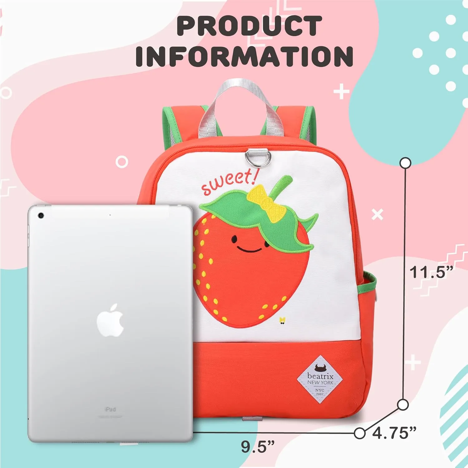Beatrix New York - Toddler & Kids 11.5" Backpack Bag with Removable Leash for Girls & Boys Unisex (STRAWBERRY), Ideal for Preschool & Kindergarten Back to School