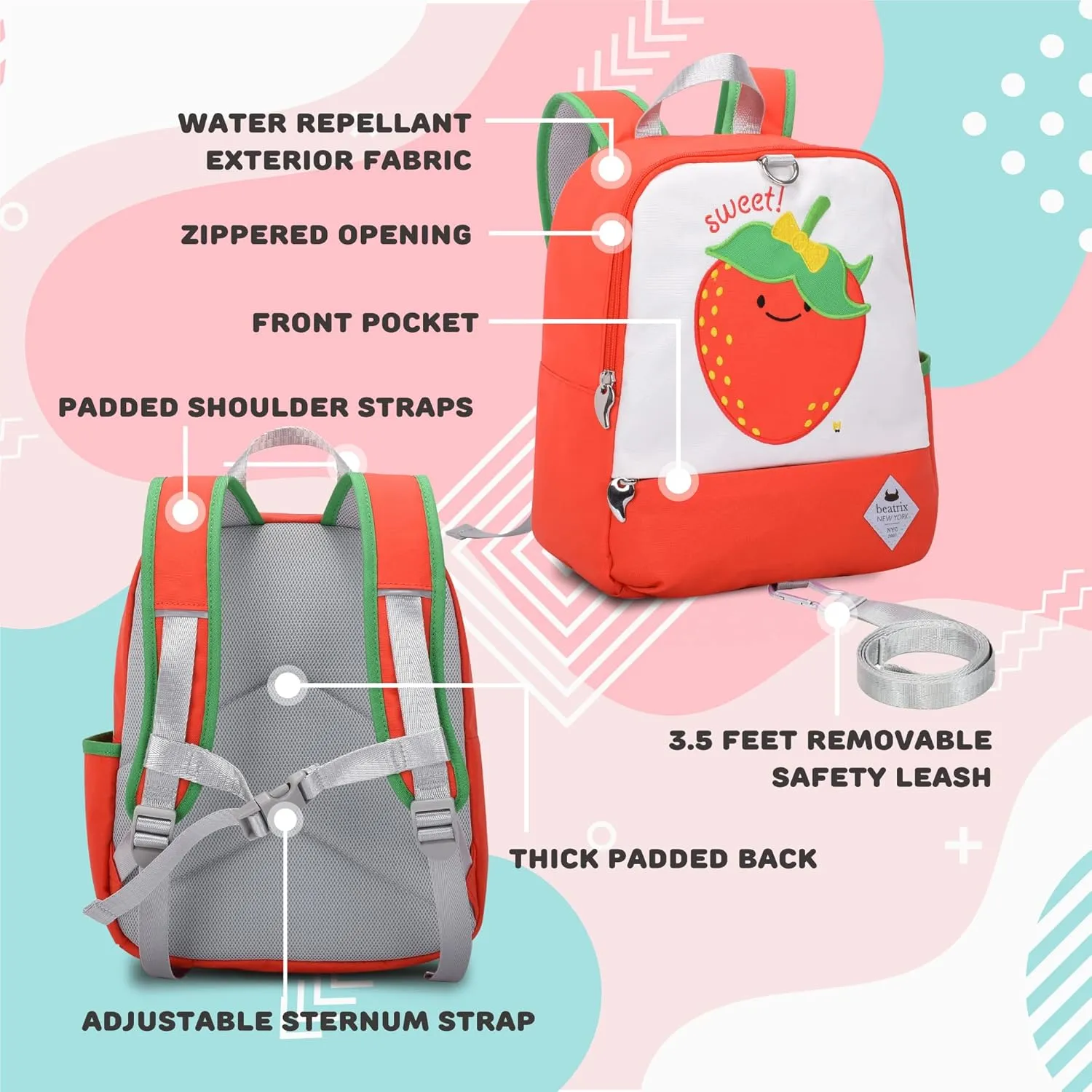 Beatrix New York - Toddler & Kids 11.5" Backpack Bag with Removable Leash for Girls & Boys Unisex (STRAWBERRY), Ideal for Preschool & Kindergarten Back to School