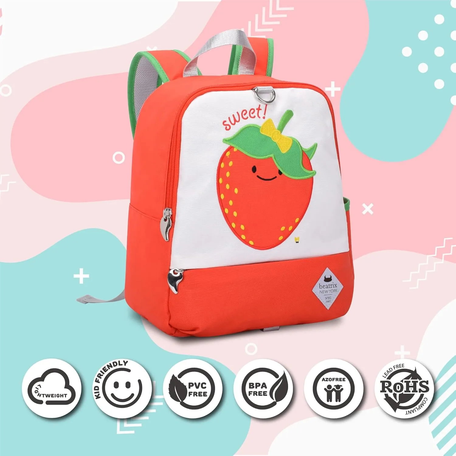 Beatrix New York - Toddler & Kids 11.5" Backpack Bag with Removable Leash for Girls & Boys Unisex (STRAWBERRY), Ideal for Preschool & Kindergarten Back to School