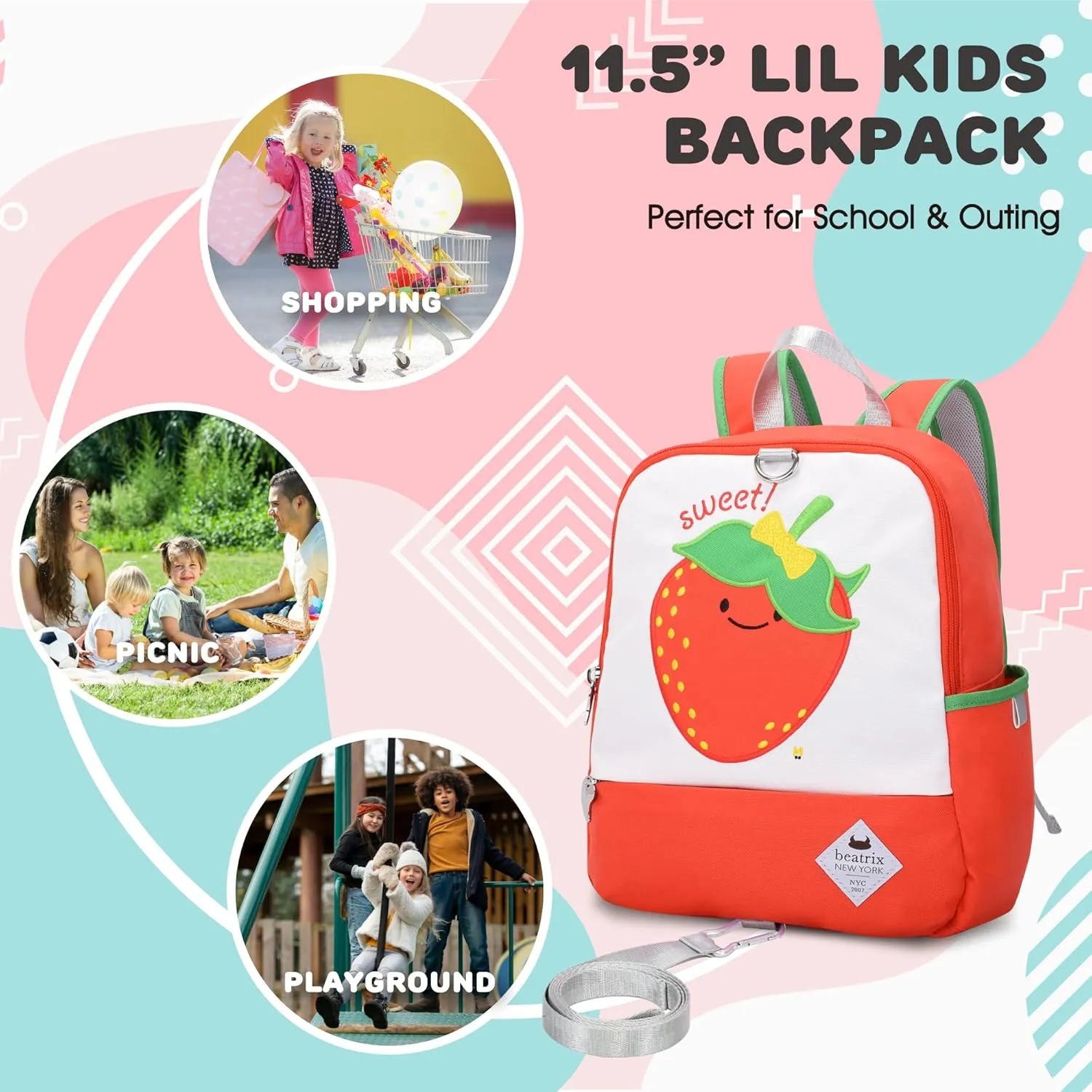 Beatrix New York - Toddler & Kids 11.5" Backpack Bag with Removable Leash for Girls & Boys Unisex (STRAWBERRY), Ideal for Preschool & Kindergarten Back to School