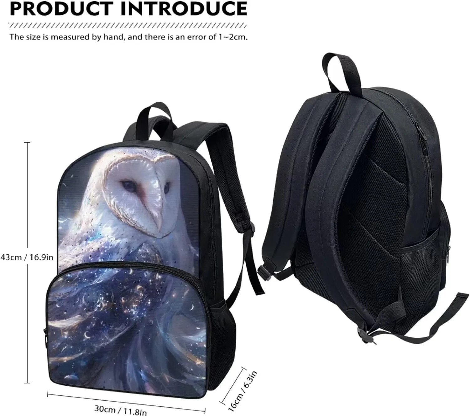 Beautiful Majestic Owl Backpack for Boys Girls Casual Lightweight 17 Inch School Bag with Front Pocket Padded Straps Kids Animal Print Bookbag Student Daypack for School Travel
