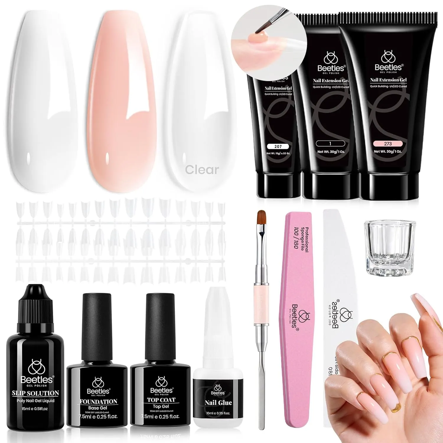 Beetles Poly Extension Gel Kit 3 Colors Nude Clear White With Tips Slip Solution All-in-One Builder Gel DIY French Nail Art Design Beginner Kit
