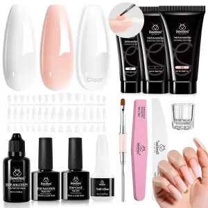 Beetles Poly Extension Gel Kit 3 Colors Nude Clear White With Tips Slip Solution All-in-One Builder Gel DIY French Nail Art Design Beginner Kit