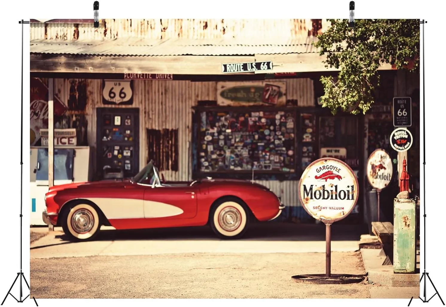 BELECO 10x6.5ft Fabric US Historic Route 66 Backdrop Hackberry General Store Gas Station Restaurant Motel Red Classic Car Arizona Scenery Background Route 66 Party Decor Portrait Photo Studio Props