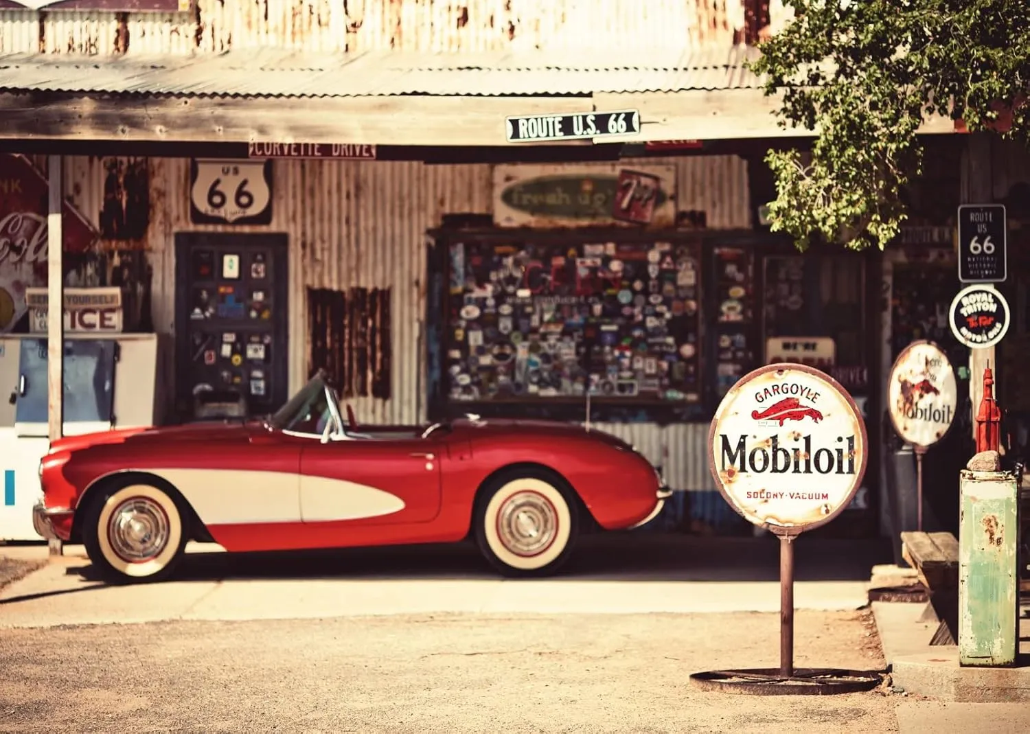 BELECO 10x6.5ft Fabric US Historic Route 66 Backdrop Hackberry General Store Gas Station Restaurant Motel Red Classic Car Arizona Scenery Background Route 66 Party Decor Portrait Photo Studio Props