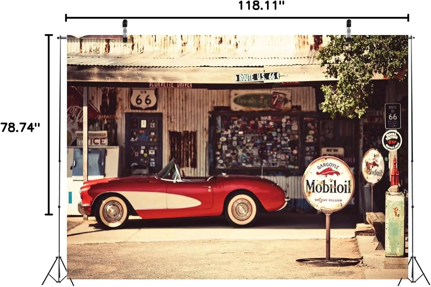 BELECO 10x6.5ft Fabric US Historic Route 66 Backdrop Hackberry General Store Gas Station Restaurant Motel Red Classic Car Arizona Scenery Background Route 66 Party Decor Portrait Photo Studio Props