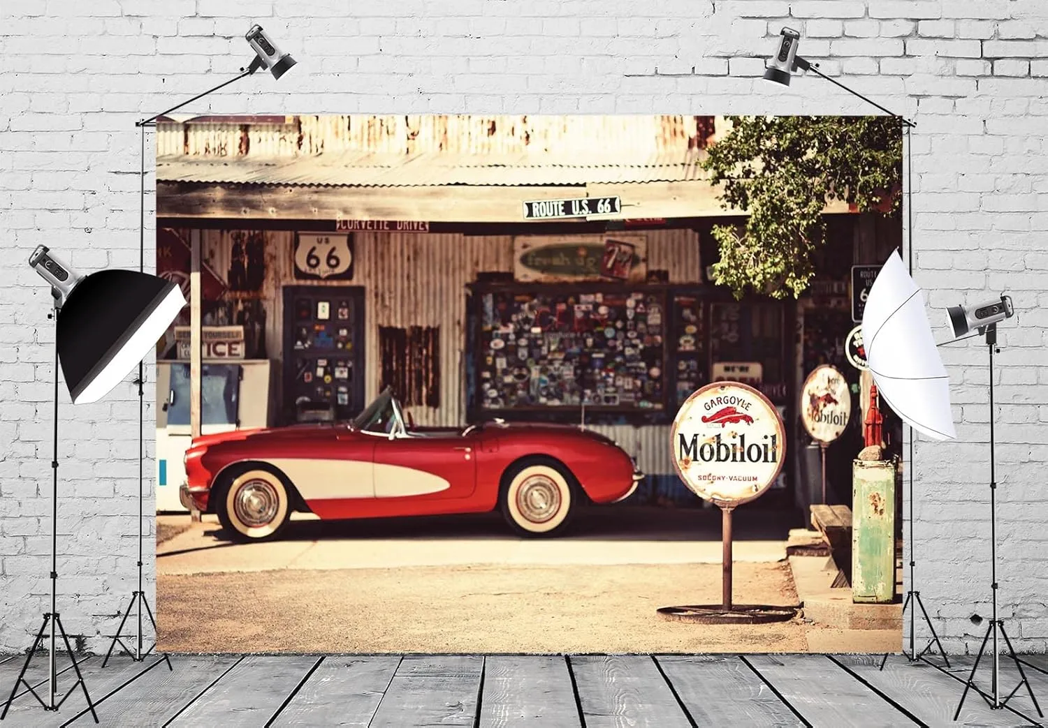 BELECO 10x6.5ft Fabric US Historic Route 66 Backdrop Hackberry General Store Gas Station Restaurant Motel Red Classic Car Arizona Scenery Background Route 66 Party Decor Portrait Photo Studio Props