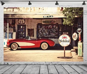 BELECO 10x6.5ft Fabric US Historic Route 66 Backdrop Hackberry General Store Gas Station Restaurant Motel Red Classic Car Arizona Scenery Background Route 66 Party Decor Portrait Photo Studio Props