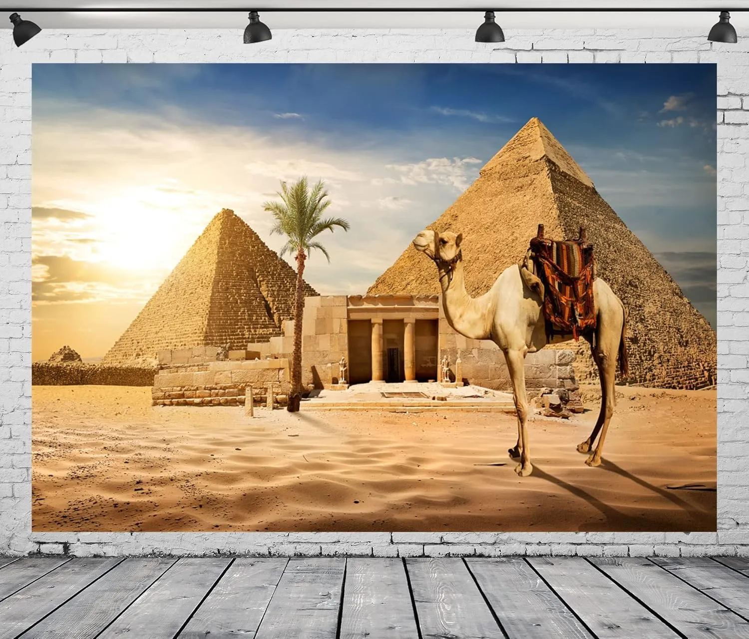 BELECO 10x8ft Fabric Egypt Pyramids Backdrop Photography Ancient Egyptian Pyramid Camel Backdrop Giza Desert Scene Coconut Tree Sunset Sky Scenery Egypt Party Supplies Studio Photo Shoot Props