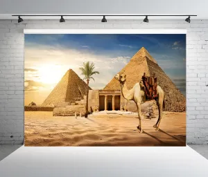 BELECO 10x8ft Fabric Egypt Pyramids Backdrop Photography Ancient Egyptian Pyramid Camel Backdrop Giza Desert Scene Coconut Tree Sunset Sky Scenery Egypt Party Supplies Studio Photo Shoot Props