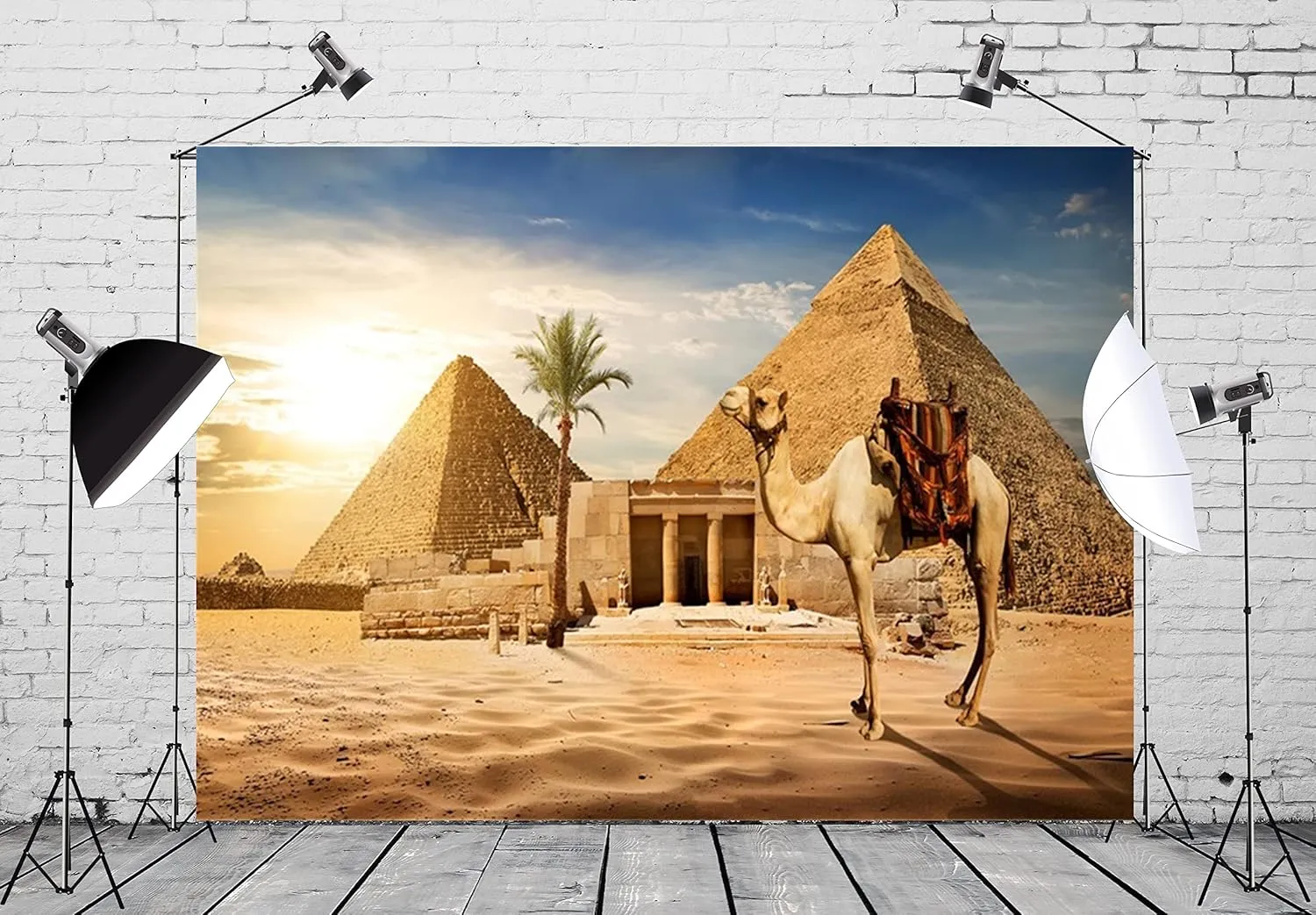 BELECO 10x8ft Fabric Egypt Pyramids Backdrop Photography Ancient Egyptian Pyramid Camel Backdrop Giza Desert Scene Coconut Tree Sunset Sky Scenery Egypt Party Supplies Studio Photo Shoot Props