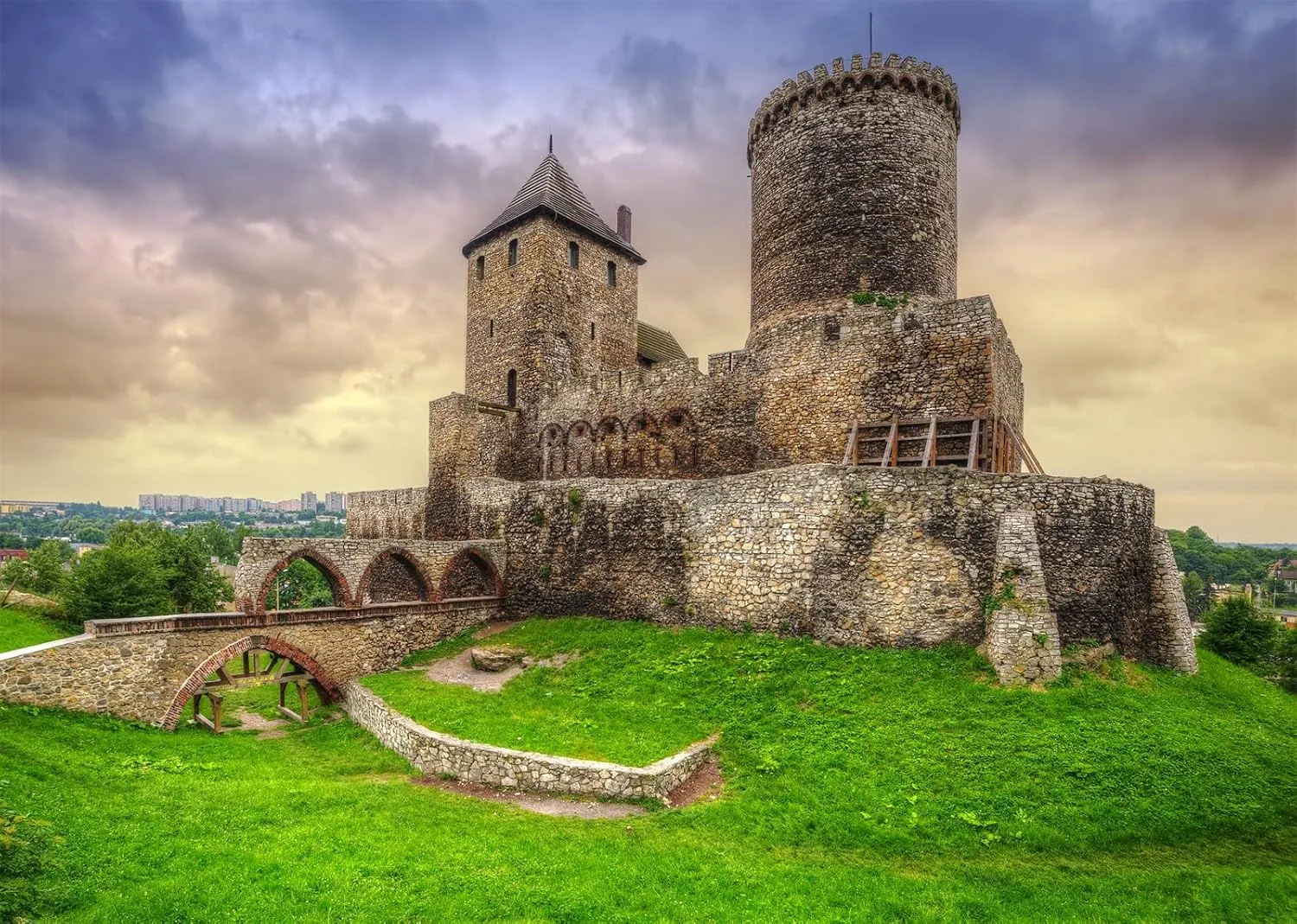 BELECO 10x8ft Fabric Poland Medieval Castle Photography Backdrop Będzin Castle Sunset Scenery Ancient Old Fortress European Stone Tower Gothic Architecture Historical Heritage Background Photo Props