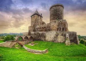 BELECO 10x8ft Fabric Poland Medieval Castle Photography Backdrop Będzin Castle Sunset Scenery Ancient Old Fortress European Stone Tower Gothic Architecture Historical Heritage Background Photo Props