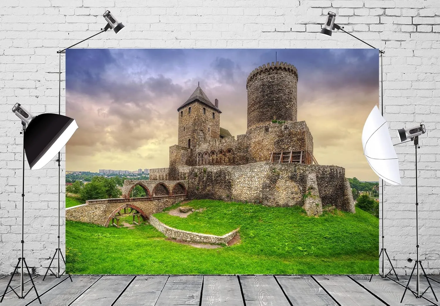 BELECO 10x8ft Fabric Poland Medieval Castle Photography Backdrop Będzin Castle Sunset Scenery Ancient Old Fortress European Stone Tower Gothic Architecture Historical Heritage Background Photo Props