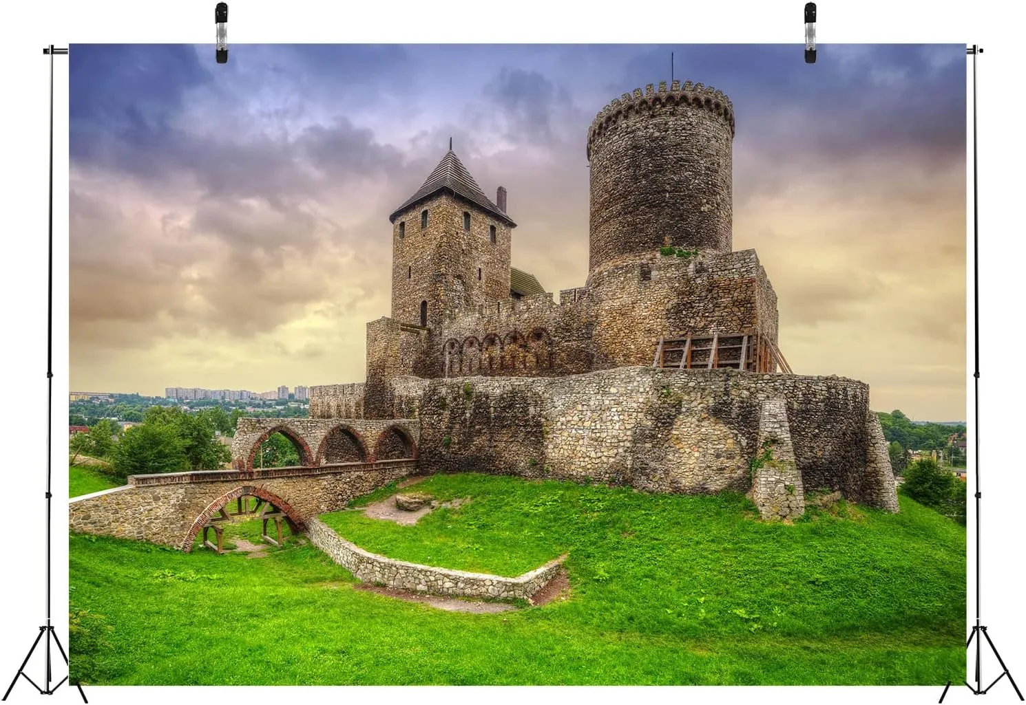BELECO 10x8ft Fabric Poland Medieval Castle Photography Backdrop Będzin Castle Sunset Scenery Ancient Old Fortress European Stone Tower Gothic Architecture Historical Heritage Background Photo Props