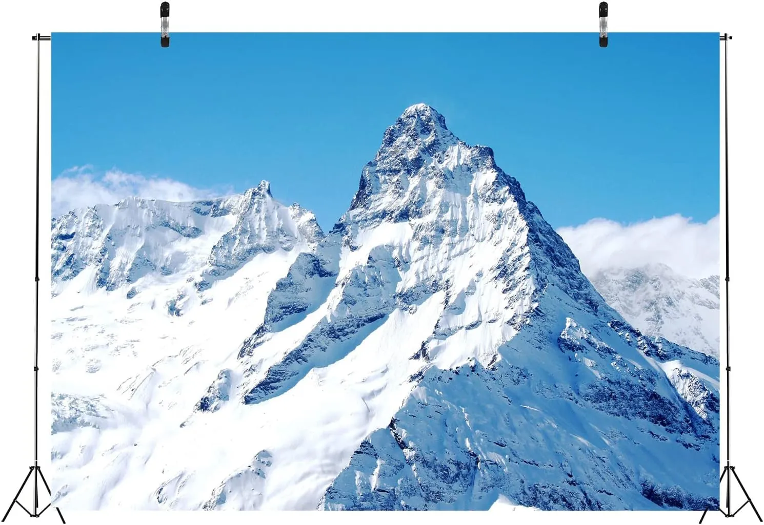 BELECO 12x8ft Fabric Winter Snow Mountains Photography Backdrop Snow Ice Mountain Peak Slopes Alpine Scenery Ski Resort Blue Sky Background Outdoor Adventure Holiday Travel Portrait Photo Props