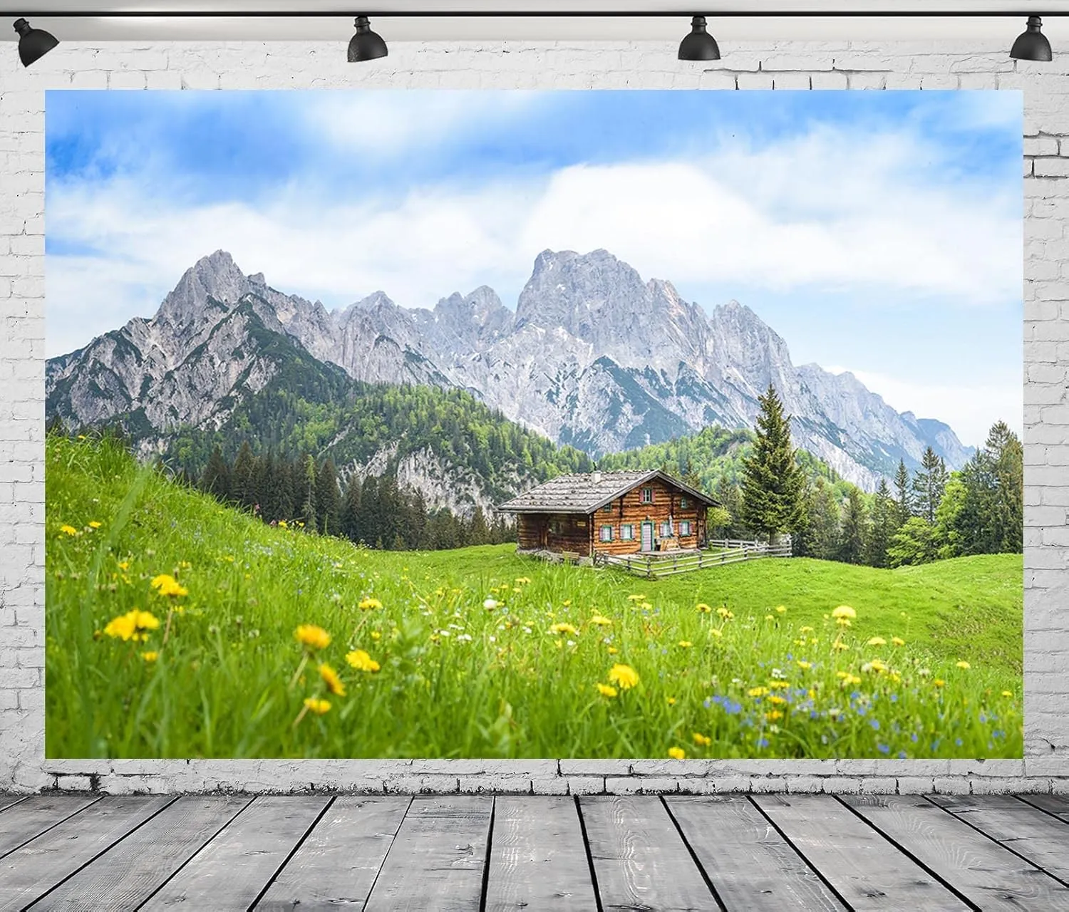BELECO 7x5ft Fabric Alpine Mountain Cabin Backdrop Alps Green Hills Wooden Hut Grassland Forest Flowers Scenery Background Outdoor Hiking Travel Photo Portraits Video Studio Photo Props