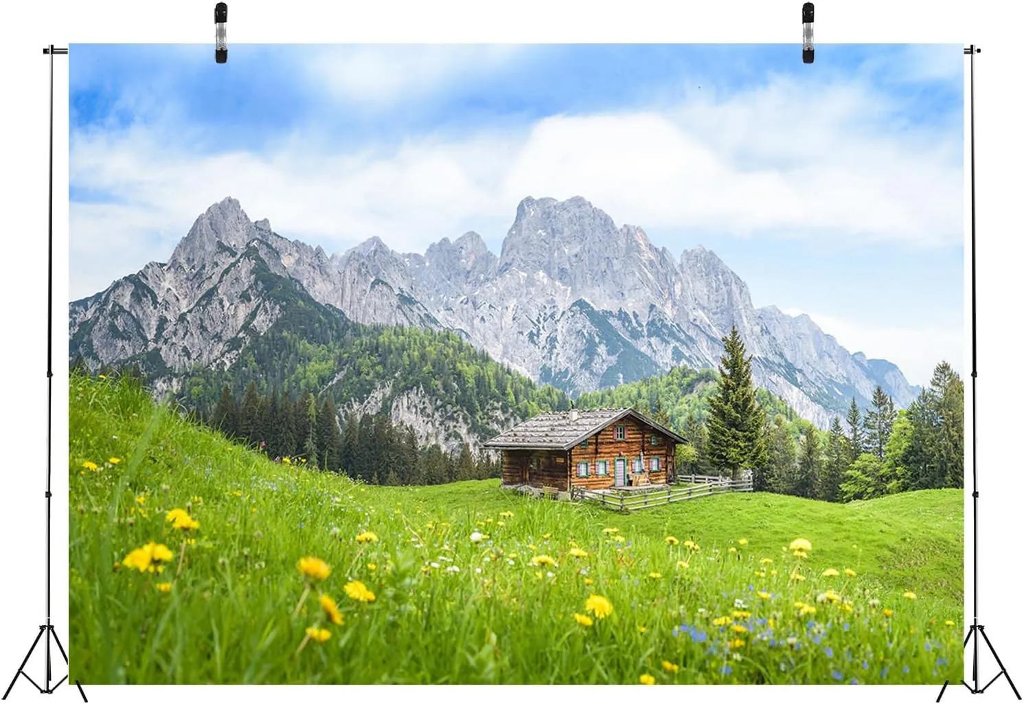 BELECO 7x5ft Fabric Alpine Mountain Cabin Backdrop Alps Green Hills Wooden Hut Grassland Forest Flowers Scenery Background Outdoor Hiking Travel Photo Portraits Video Studio Photo Props