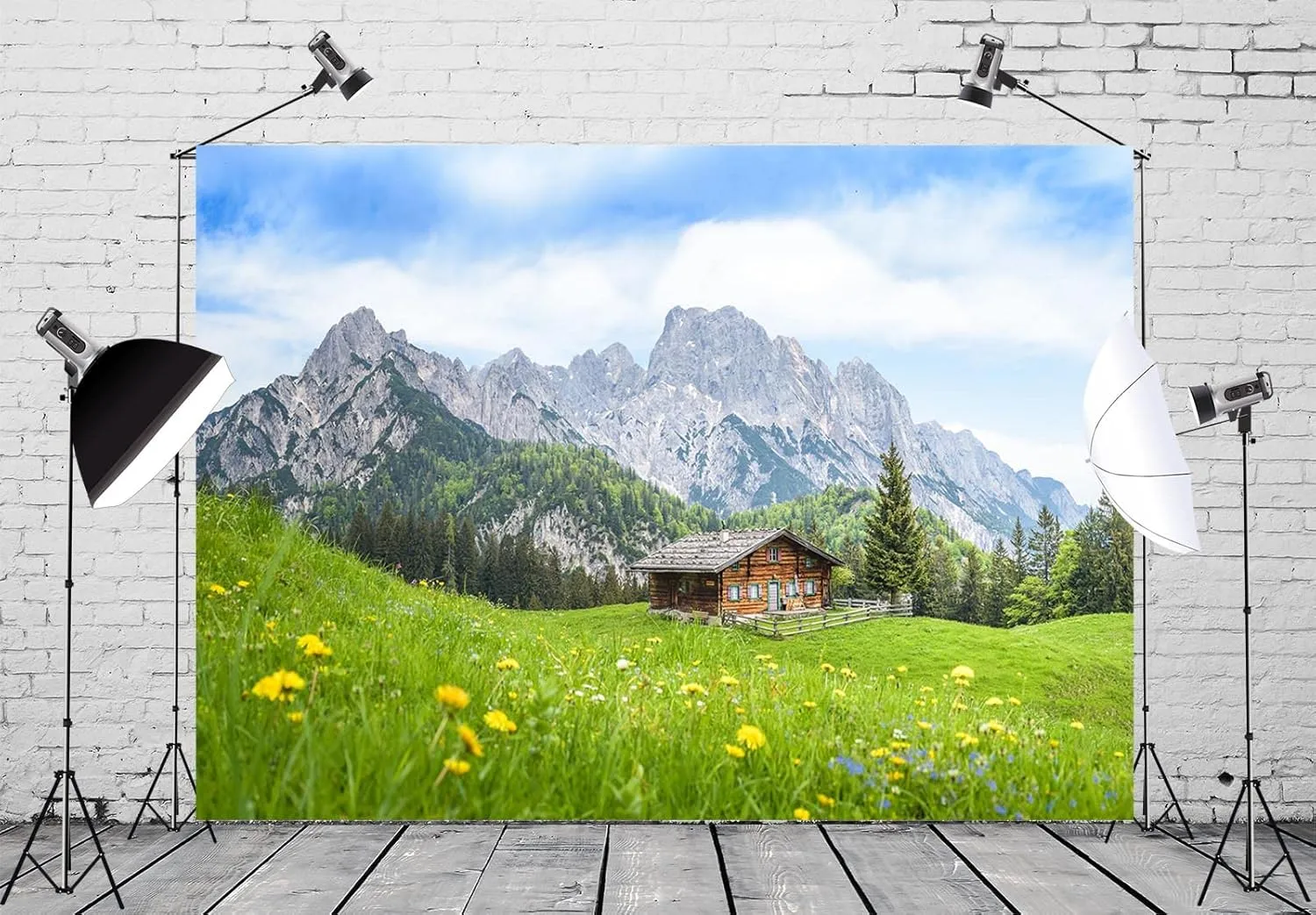 BELECO 7x5ft Fabric Alpine Mountain Cabin Backdrop Alps Green Hills Wooden Hut Grassland Forest Flowers Scenery Background Outdoor Hiking Travel Photo Portraits Video Studio Photo Props