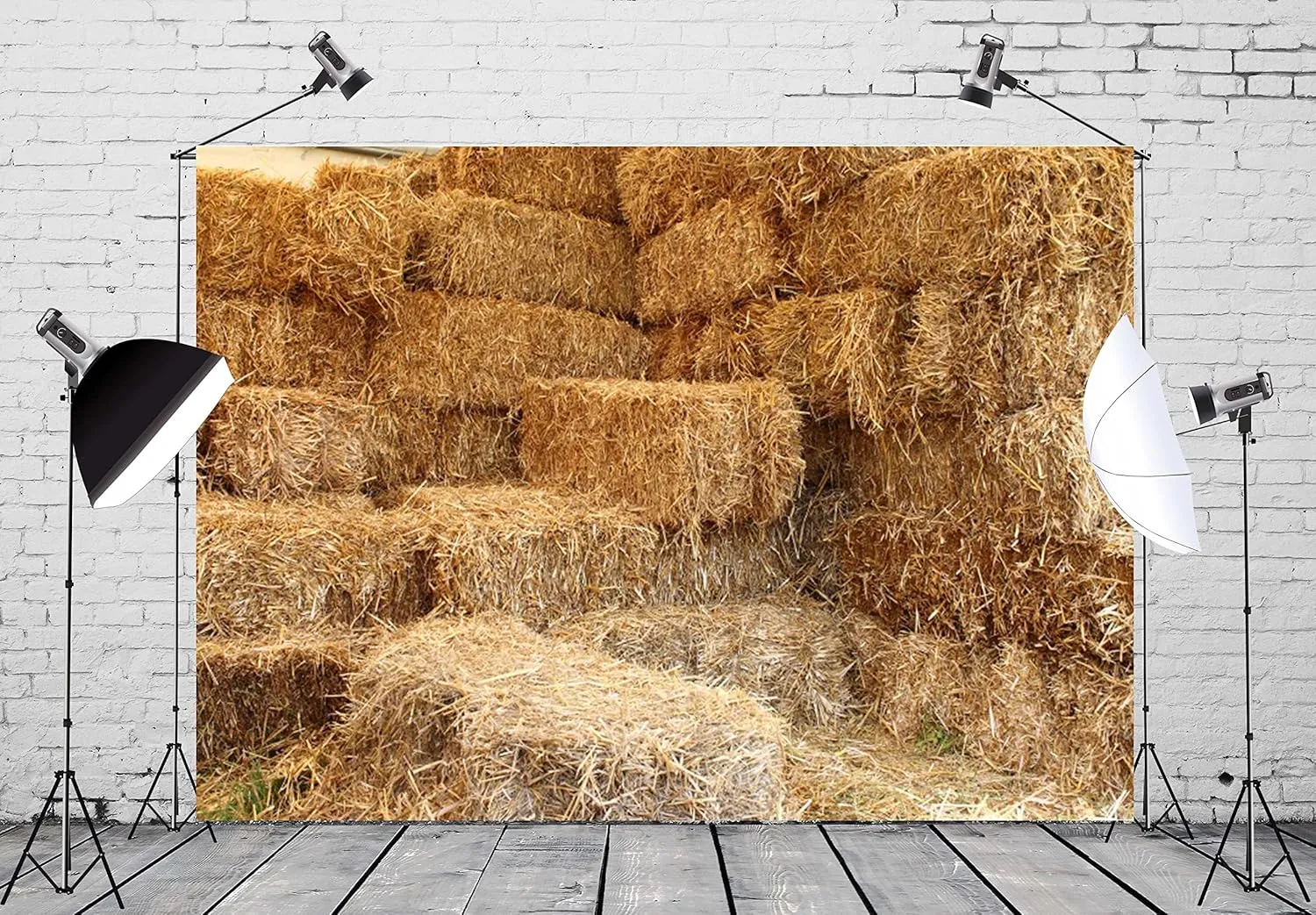 BELECO 7x5ft Fabric Farm Haystack Photography Backdrop Autumn Rural Barn Hay Bales Fall Harvest Backdrop Thanksgiving Day Party Decoration Straw Pile Party Supplies Kids Adults Portrait Photo Props