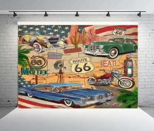 BELECO 7x5ft Fabric Vintage Route 66 Themed Photography Backdrop Comic Retro Road Map Motel Motorcycle Classic Cars American Historic Route 66 Background for Birthday Party Decorations Photo Props