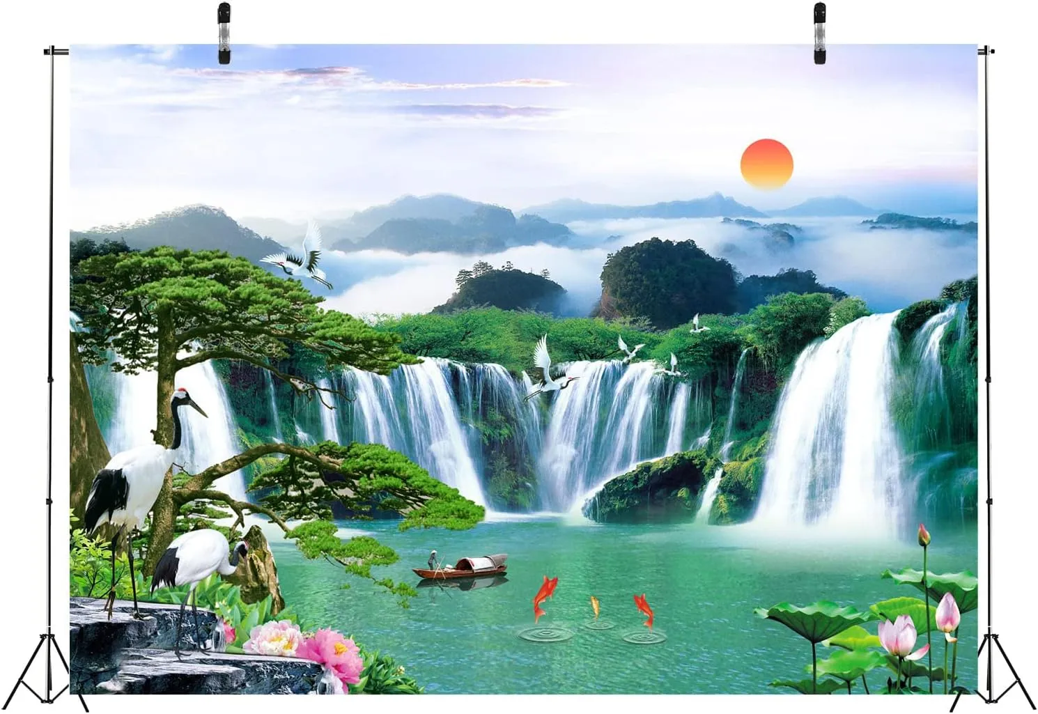 BELECO 7x5ft Fabric Wonderland Mountain Lake Photography Backdrop Waterfalls Backdrop Green Lake Lotus Crane Mountains Natural Landscape Background Wall Mural Home Decor Portrait Photoshoot Props