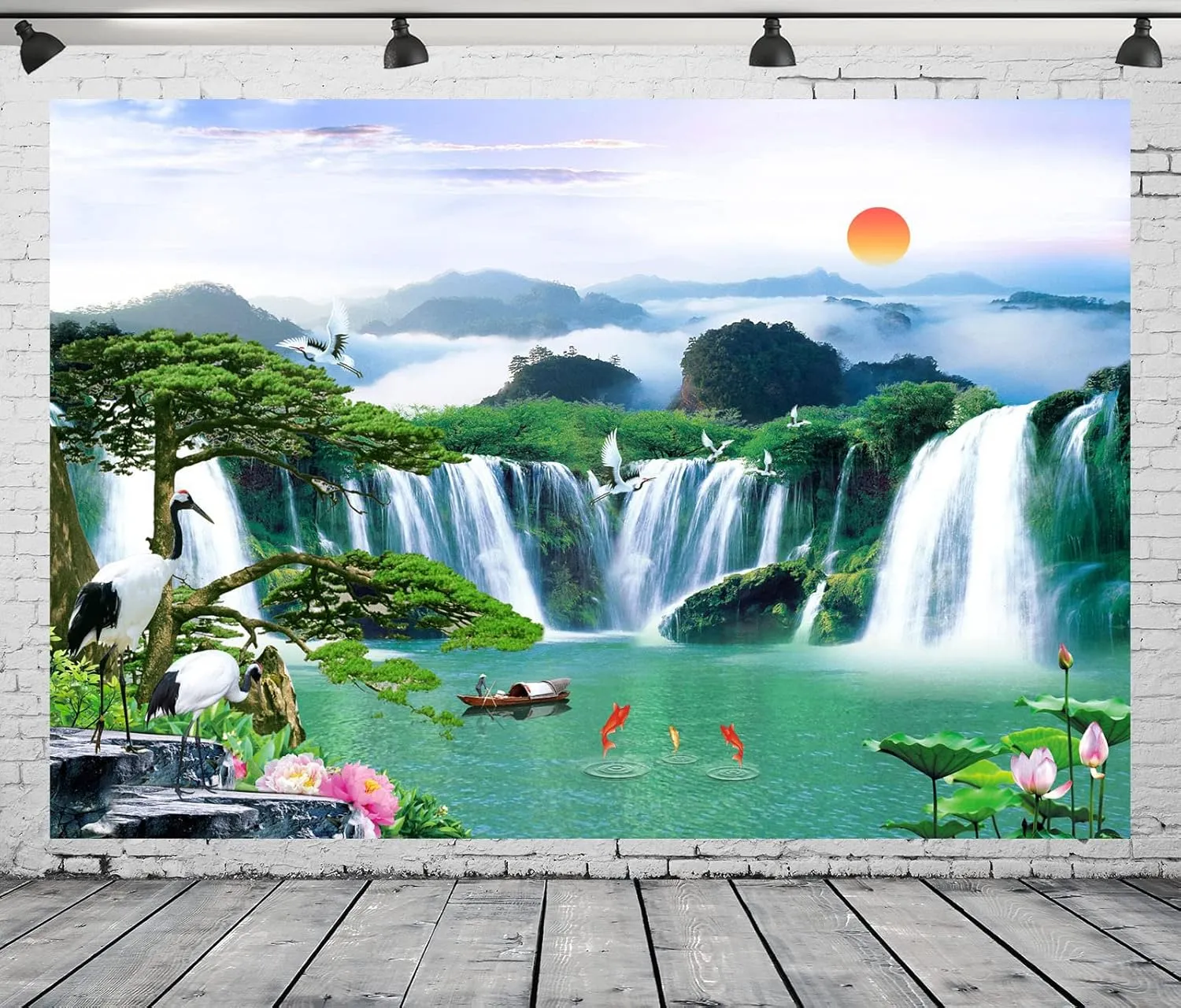 BELECO 7x5ft Fabric Wonderland Mountain Lake Photography Backdrop Waterfalls Backdrop Green Lake Lotus Crane Mountains Natural Landscape Background Wall Mural Home Decor Portrait Photoshoot Props