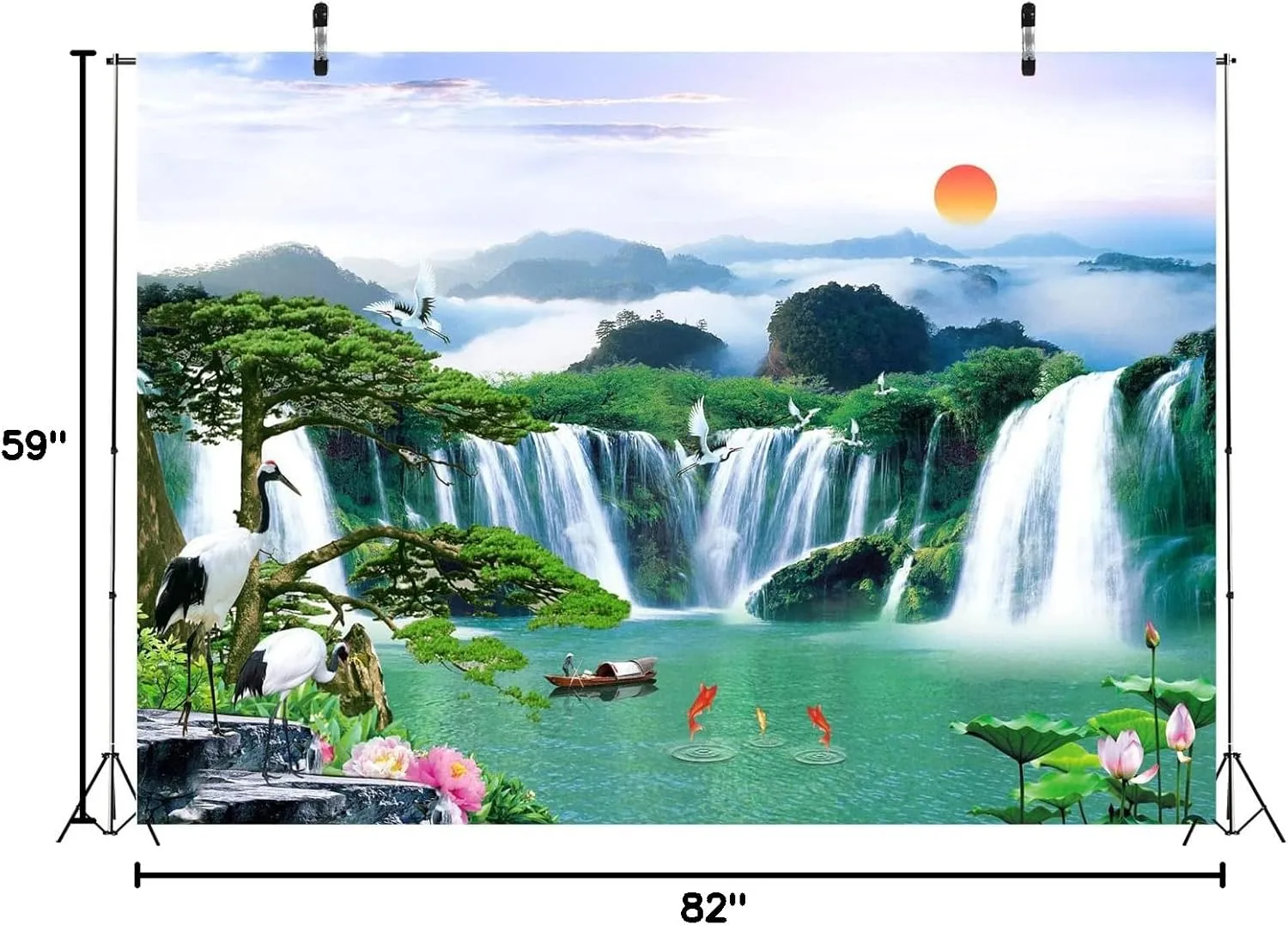 BELECO 7x5ft Fabric Wonderland Mountain Lake Photography Backdrop Waterfalls Backdrop Green Lake Lotus Crane Mountains Natural Landscape Background Wall Mural Home Decor Portrait Photoshoot Props