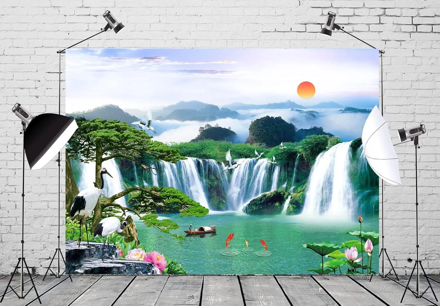 BELECO 7x5ft Fabric Wonderland Mountain Lake Photography Backdrop Waterfalls Backdrop Green Lake Lotus Crane Mountains Natural Landscape Background Wall Mural Home Decor Portrait Photoshoot Props