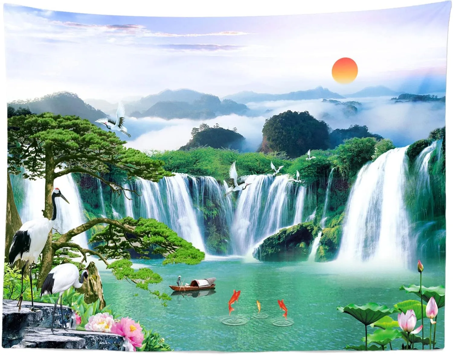 BELECO 7x5ft Fabric Wonderland Mountain Lake Photography Backdrop Waterfalls Backdrop Green Lake Lotus Crane Mountains Natural Landscape Background Wall Mural Home Decor Portrait Photoshoot Props
