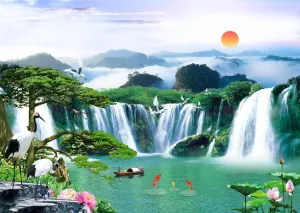 BELECO 7x5ft Fabric Wonderland Mountain Lake Photography Backdrop Waterfalls Backdrop Green Lake Lotus Crane Mountains Natural Landscape Background Wall Mural Home Decor Portrait Photoshoot Props