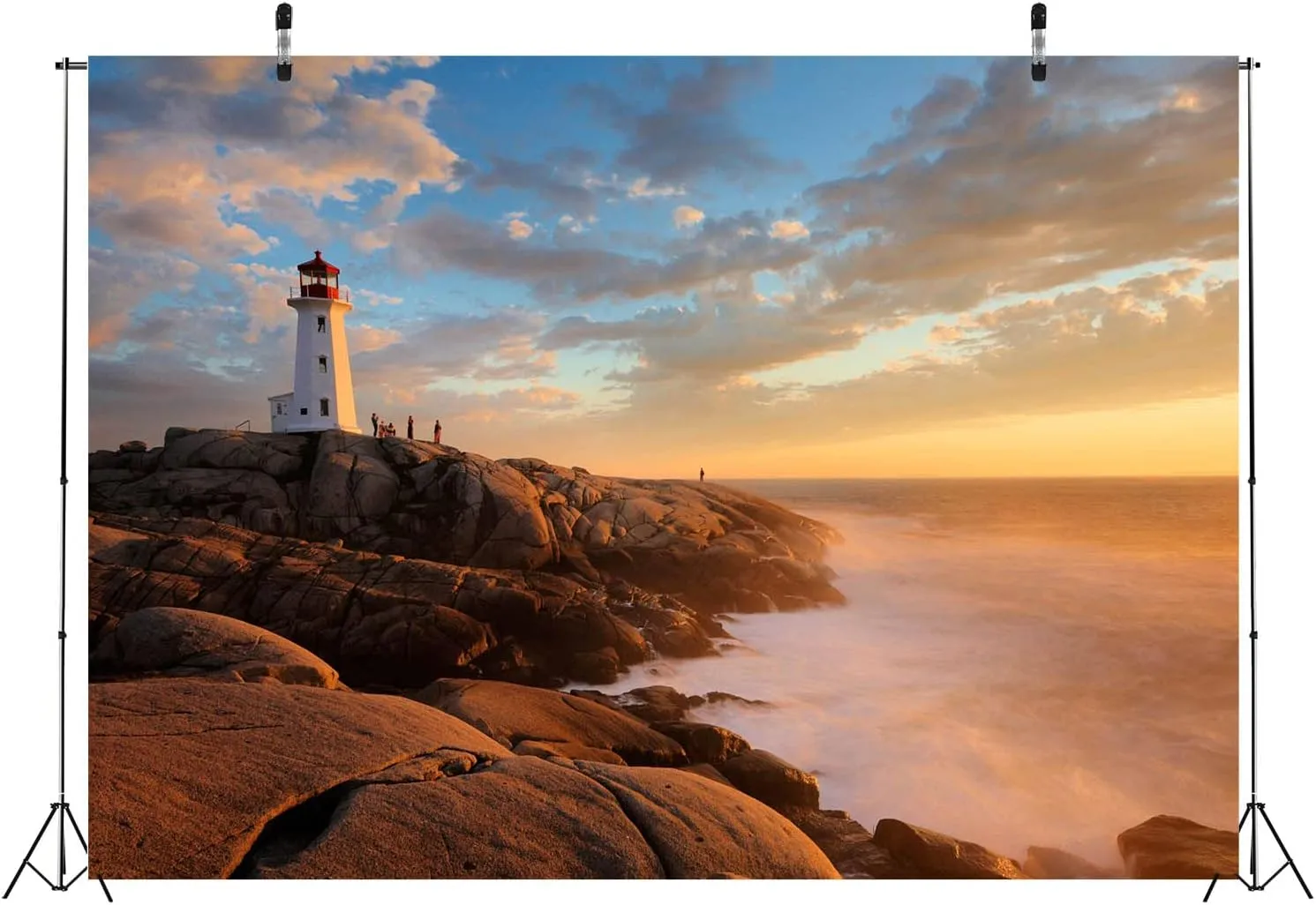 BELECO 8x6ft Fabric Sunset Peggy's Cove Lighthouse Backdrop for Photography Seaside Rock Ocean Scenery Canada Famous Lighthouse Background Travel Portrait Photoshoot Photo Booth Studio Props