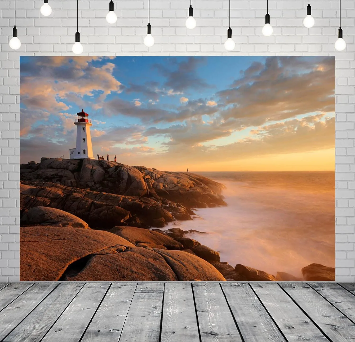 BELECO 8x6ft Fabric Sunset Peggy's Cove Lighthouse Backdrop for Photography Seaside Rock Ocean Scenery Canada Famous Lighthouse Background Travel Portrait Photoshoot Photo Booth Studio Props