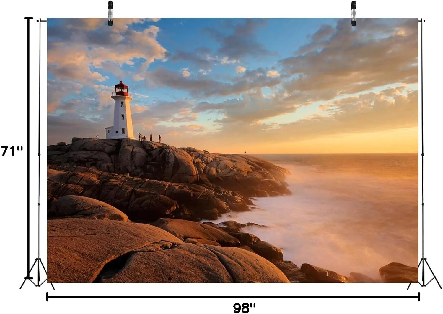 BELECO 8x6ft Fabric Sunset Peggy's Cove Lighthouse Backdrop for Photography Seaside Rock Ocean Scenery Canada Famous Lighthouse Background Travel Portrait Photoshoot Photo Booth Studio Props