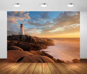 BELECO 8x6ft Fabric Sunset Peggy's Cove Lighthouse Backdrop for Photography Seaside Rock Ocean Scenery Canada Famous Lighthouse Background Travel Portrait Photoshoot Photo Booth Studio Props