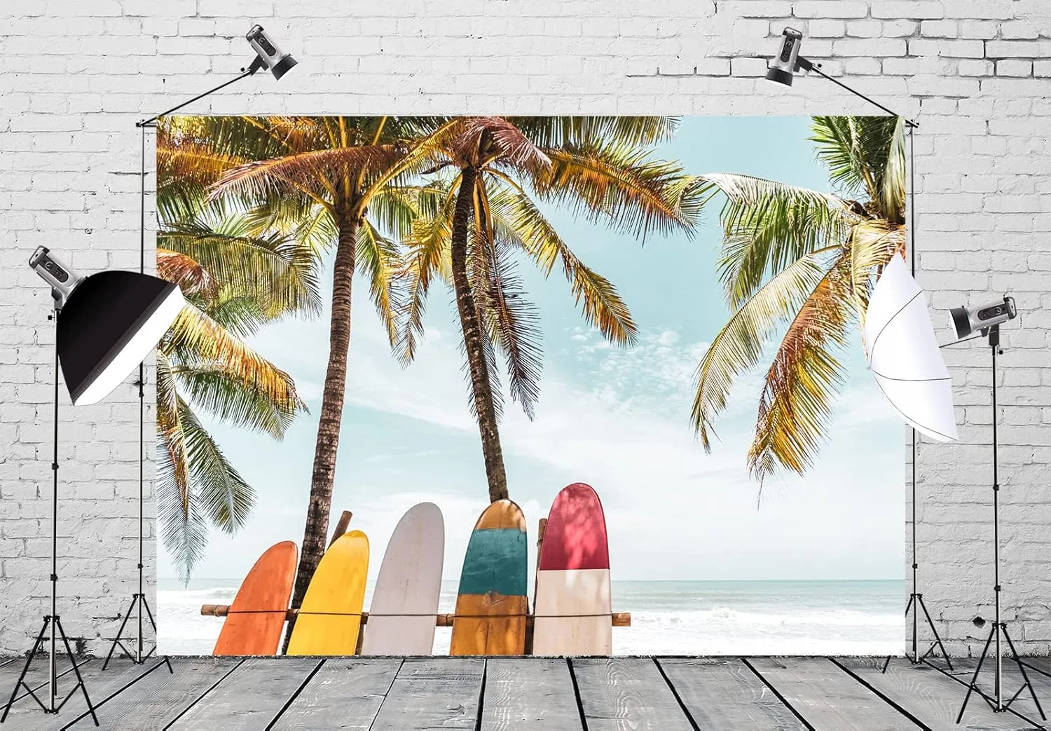 BELECO 8x6ft Fabric Tropical Beach Surfboard Backdrop for Photography Seaside Palm Trees Surfing Party Decorations Background Backdrop Hawaiian Party Decor Banner Summer Vacation Surf Photo Props