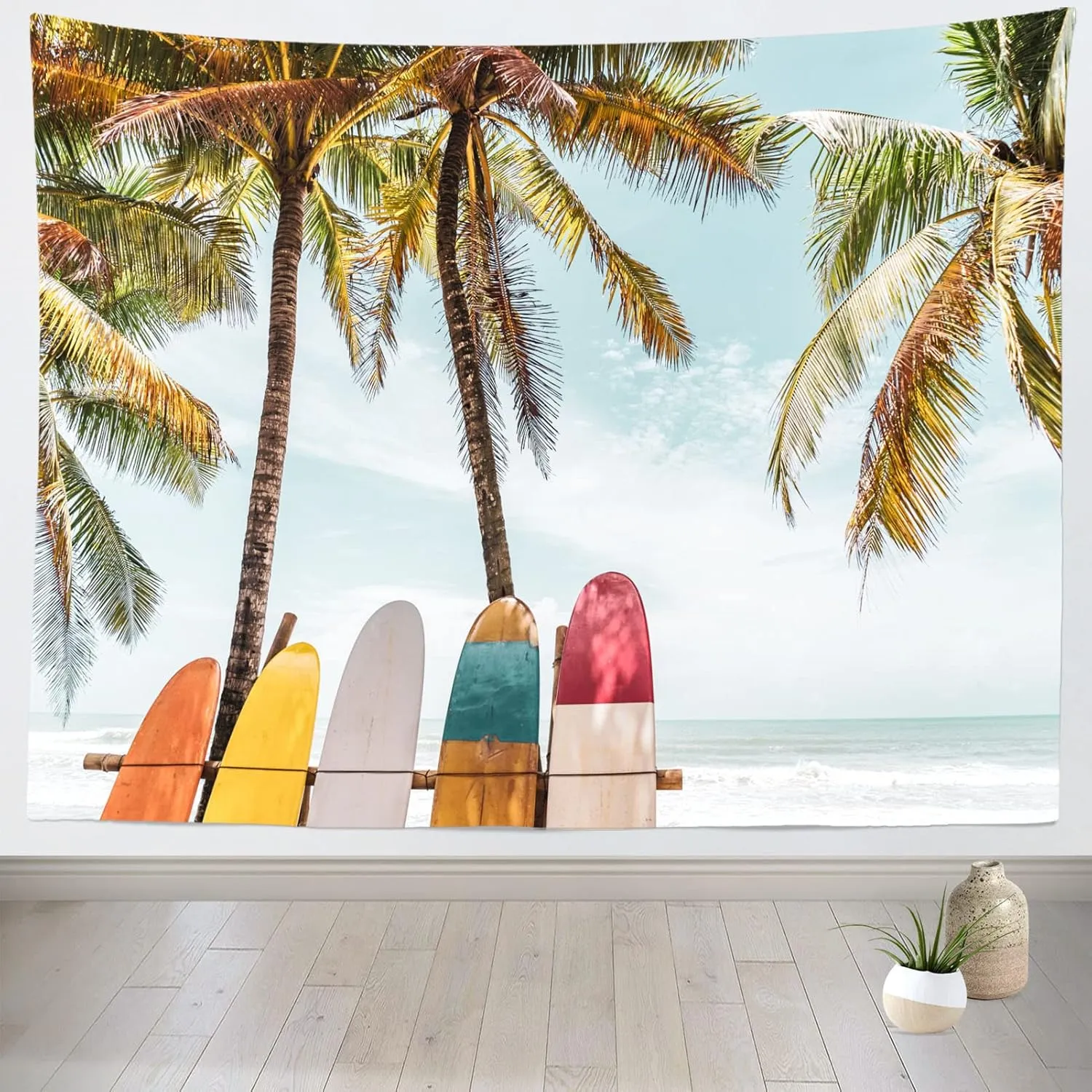 BELECO 8x6ft Fabric Tropical Beach Surfboard Backdrop for Photography Seaside Palm Trees Surfing Party Decorations Background Backdrop Hawaiian Party Decor Banner Summer Vacation Surf Photo Props