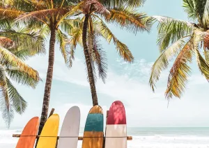 BELECO 8x6ft Fabric Tropical Beach Surfboard Backdrop for Photography Seaside Palm Trees Surfing Party Decorations Background Backdrop Hawaiian Party Decor Banner Summer Vacation Surf Photo Props