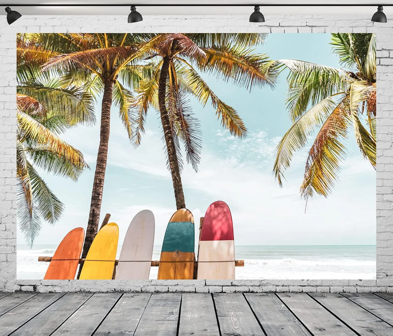BELECO 8x6ft Fabric Tropical Beach Surfboard Backdrop for Photography Seaside Palm Trees Surfing Party Decorations Background Backdrop Hawaiian Party Decor Banner Summer Vacation Surf Photo Props