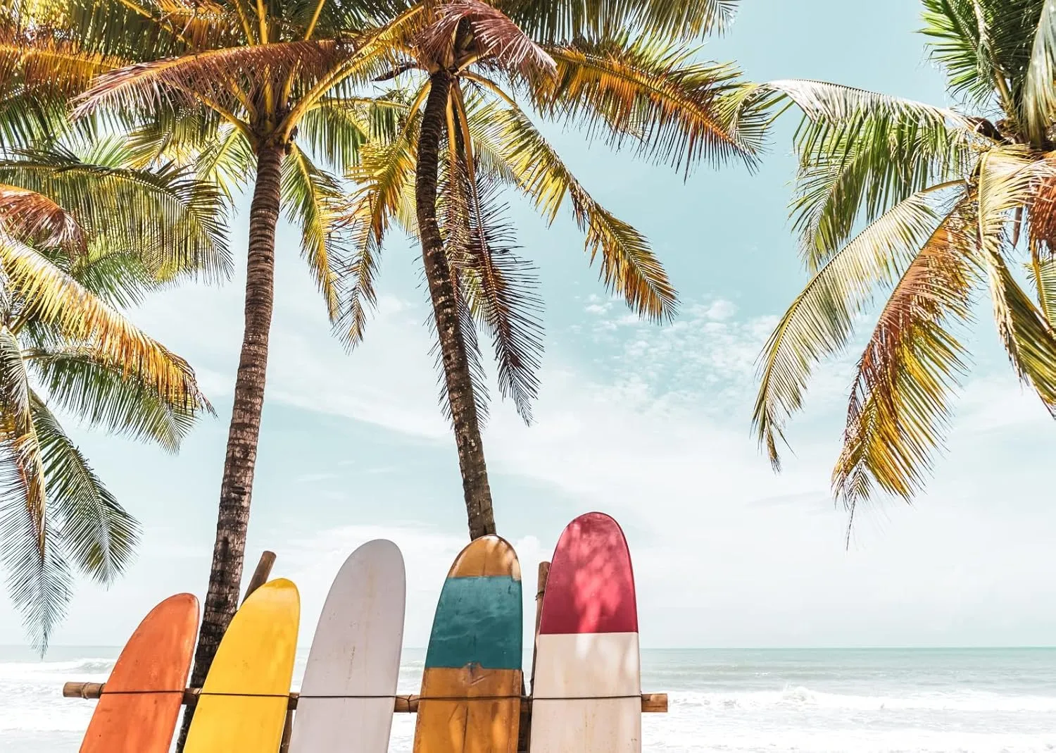 BELECO 8x6ft Fabric Tropical Beach Surfboard Backdrop for Photography Seaside Palm Trees Surfing Party Decorations Background Backdrop Hawaiian Party Decor Banner Summer Vacation Surf Photo Props