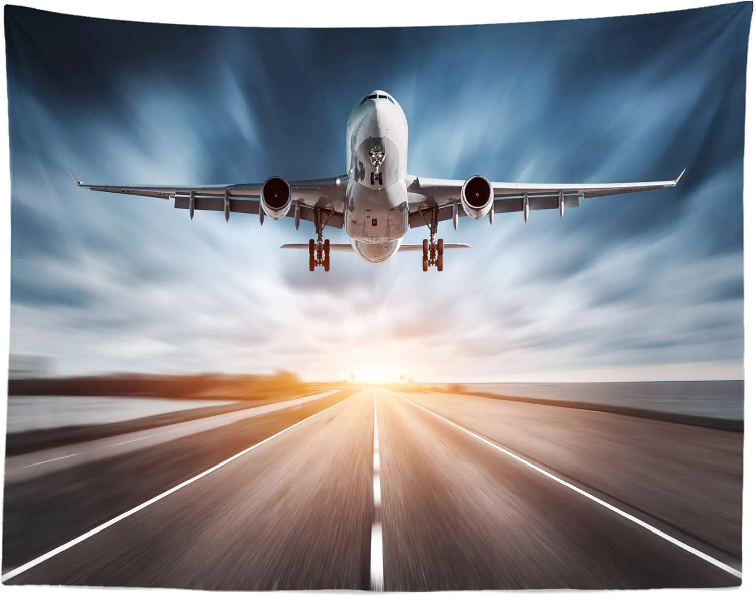 BELECO Airplane Backdrop 8x6ft Fabric Airplane Landing Takeoff Airport Runway Photography Background Blurred Sunset Sky Scenery for Party Decorations Holiday Travel Portrait Shoot Studio Props