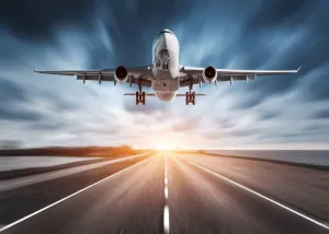 BELECO Airplane Backdrop 8x6ft Fabric Airplane Landing Takeoff Airport Runway Photography Background Blurred Sunset Sky Scenery for Party Decorations Holiday Travel Portrait Shoot Studio Props