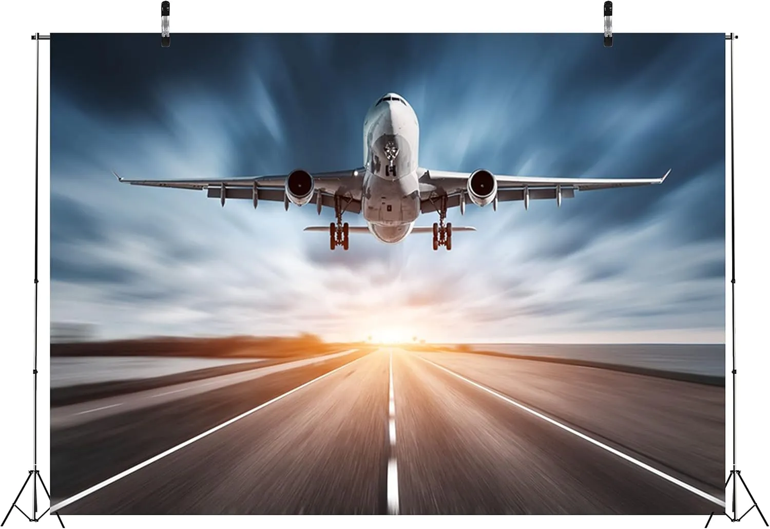 BELECO Airplane Backdrop 8x6ft Fabric Airplane Landing Takeoff Airport Runway Photography Background Blurred Sunset Sky Scenery for Party Decorations Holiday Travel Portrait Shoot Studio Props