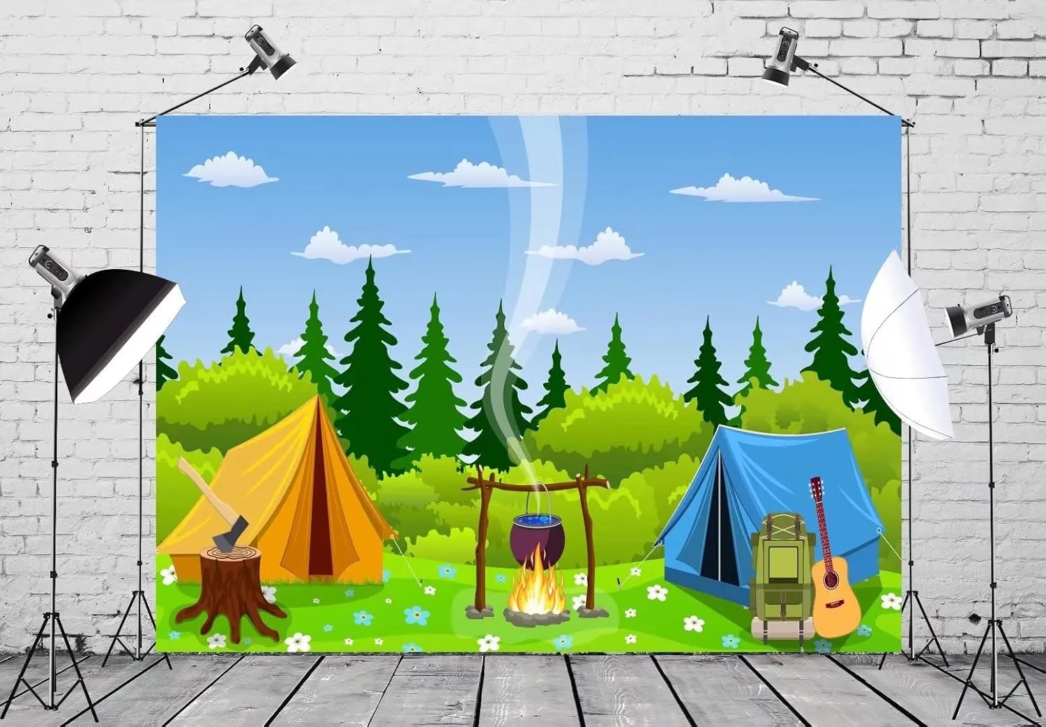 BELECO Camping Backdrop 12x8ft Fabric Cartoon Forest Scene Campfire Party Camping Tent Little Lumberjack Birthday Backdrop Jungle Safari Baby Shower Kids Boy Outdoor Adventure Portrait Photo Props