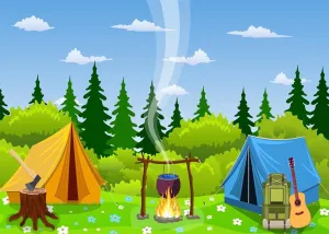 BELECO Camping Backdrop 12x8ft Fabric Cartoon Forest Scene Campfire Party Camping Tent Little Lumberjack Birthday Backdrop Jungle Safari Baby Shower Kids Boy Outdoor Adventure Portrait Photo Props