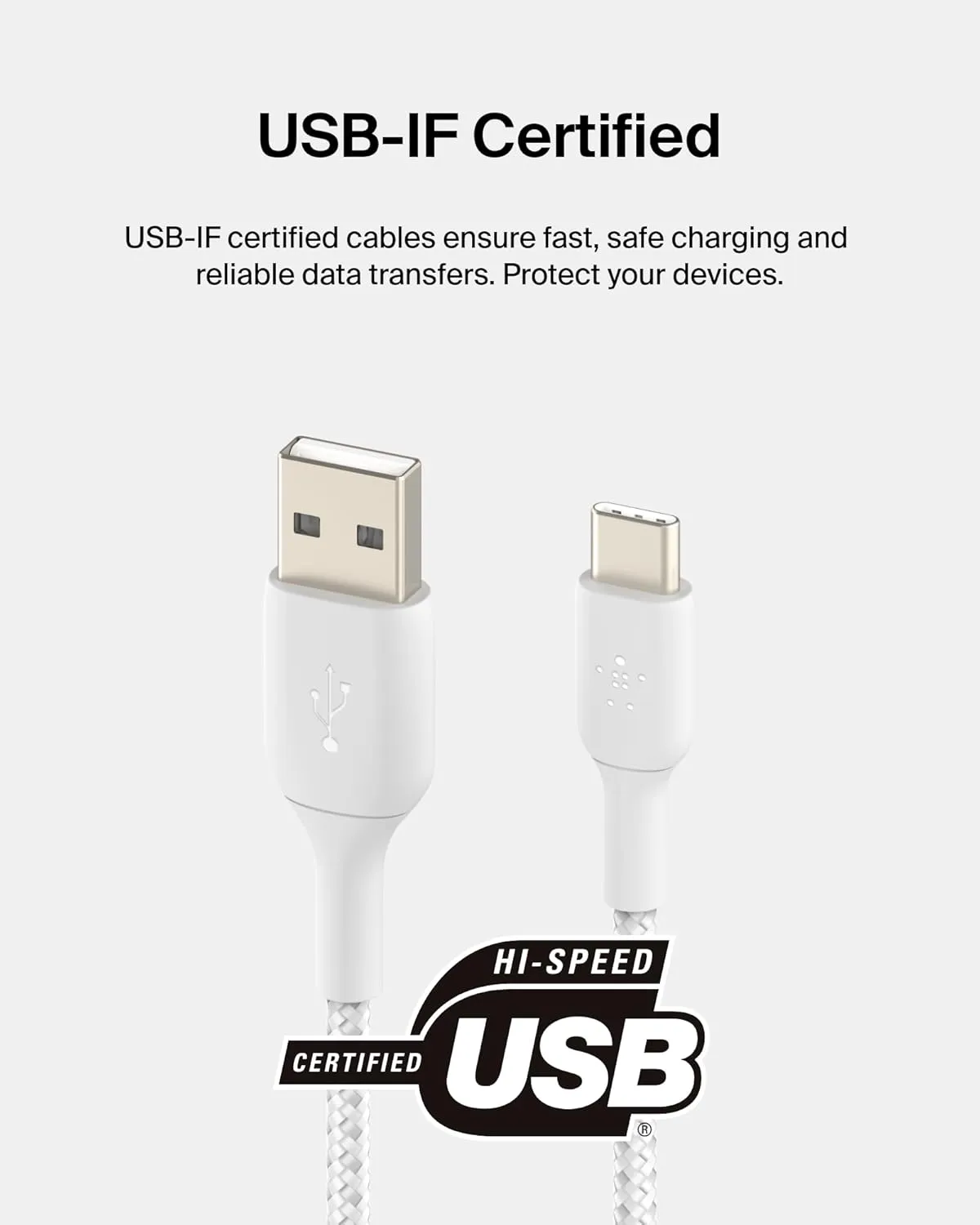 Belkin BoostCharge Braided USB-C to USB-A Cable (1M/3.3ft) for iPhone 16, iPhone 16 Pro, Samsung Galaxy S25, S24, Note20, Google Pixel 9 & 8, iPad Pro, Nintendo Switch 2, Carplay & More - White