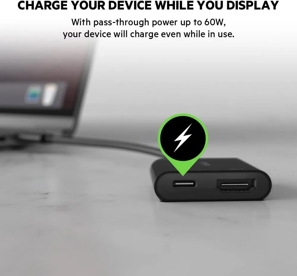 Belkin USB C to HDMI Adapter   USBC Charging Port to Charge While You Display, Supports 4K UHD Video, Passthrough Power up to 60W for Connected Devices, Compatible with MacBook, iPad, Windows