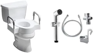 Bemis Rise 4.5" Raised Toilet Seat with Handles and Handheld Bidet Sprayer, Toilet Seat Riser for Seniors with Secure Hinges, Fits Round and Elongated