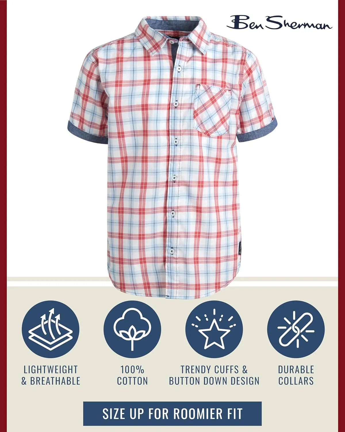 Ben Sherman Boys' Button Down Shirt - Casual Short Sleeve Woven Shirt - Kids' Collared Shirt for Boys (8-18)