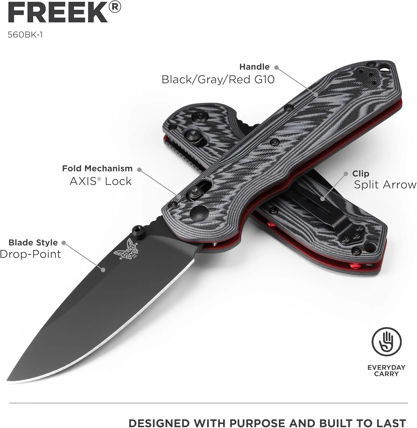 Benchmade - Freek 560BK-1 EDC Knife with Gray/Black G10 Handle (560BK-1)